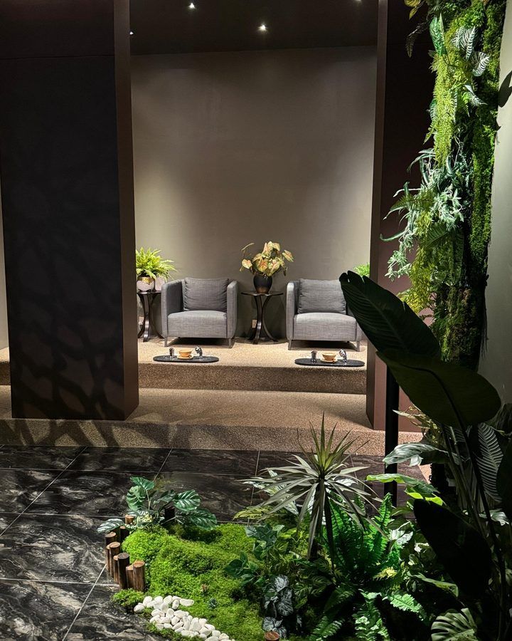 Seating area where guests receive the traditional welcome foot and leg wash before treatment
